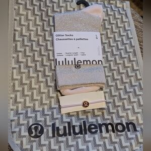 Lululemon Set: Glitter Quarter Socks Blissful Pink Sz L, Logo Hair Tie and Tote